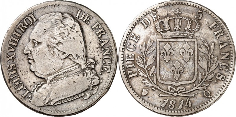 FRANKREICH. 
Louis XVIII. 1814-1824. 5 Francs 1814 Q, Perpignan. Gad.&nbsp; 591...