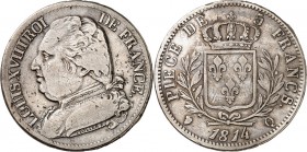 FRANKREICH. 
Louis XVIII. 1814-1824. 5 Francs 1814 Q, Perpignan. Gad.&nbsp; 591, KM&nbsp; 706.5. . 

R s/ss