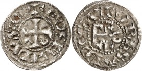 FRANKREICH. 
ANJOU, Herzogtum. 
Geoffroy II. 1040-1060. Denier 1,13g. Fußkreuz; unten A - W. + GOSFRID LS COS (!) / + VRBS L IDEO LV (!) Foulques-Mo...
