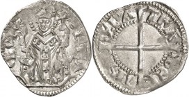 ITALIEN. 
AQUILEIA, Patriarchat. 
Bertrando di San Genesio 1334-1350. Denaro 1,05g. .S. KMA-ChOR'. Sant' Ermacora, unbärtig, thront in Bischofsornat...