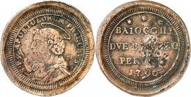 ITALIEN. 
KIRCHENSTAAT / VATIKAN. 
Pius VI. 1775-1799. Cu-2&nbsp;1/2 Baioc. (Sampietrino) 1796, Perugia. Hl.Petrus-Brb. n.l.; r.&nbsp;Gegenstempel P...