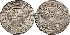 ITALIEN. 
MODENA. 
Francesco I. d'Este 1629-1658. Gulden zu 28 Stuber o.J. Nachschlag der Gulden der Stadt Emden. FERIT.ET.TVETVR.GEMINO.ROSTRO. Dop...