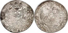 NIEDERLANDE. 
NIJMEGEN. 
Reichstaler 1567 mit Titel Maximilian II.,Gekröntes Wappen auf Leiste zw. 2 Löwen/ gekr. Doppeladler. Delm. 641, Dv. 8550. ...