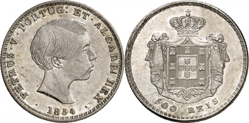 PORTUGAL. 
Pedro V. 1853-1861. 500&nbsp;Reis (5&nbsp;Tostoes) 1854. Gomes&nbsp;...