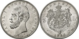 RUMÄNIEN. 
Königreich. 
Carol I. 1866-1914. 5 Lei 1880. KM&nbsp; 12. . 

vz-