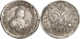 RUSSLAND. 
ZARENREICH. 
Elisabeth 1741-1762. Polupoltinnik (1/4 Rubel) 1752 Moskau, Mz.E. . 

l.Schrf.,ss