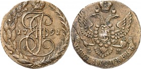 RUSSLAND. 
ZARENREICH. 
Katharina II. 1762-1796. Cu-5&nbsp;Kopeken 1791 E-M, Ekaterinburg. Gekr. Monogramm im Kranz / Gekr. Doppeladler. Uzd.&nbsp; ...