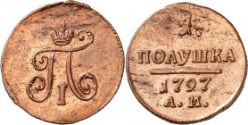 RUSSLAND. 
ZARENREICH. 
Paul I. 1796-1801. Cu-Poluschka (1/4&nbsp;Kopeke) 1797 A.M. Annensk. Gekr. Monogramm / 4 Z. Wert u. Jz.Bitkin 189. Uzd.&nbsp...