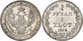 RUSSLAND. 
ZARENREICH. 
Nikolaus I. 1825-1855. 3/4 Rubel = 5 Zlotych 1834 H-R. St.Petersburg für Polen Gekr. DA/ 5 Z.Wert. KM&nbsp; 133. Uzd.4129. ...