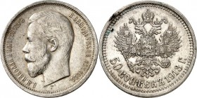 RUSSLAND. 
ZARENREICH. 
Nikolaus II. 1894-1917. 50 Kopeken 1913 St. Petersburg, Rand-Mmz. 3.b Kopf n.l. / Gekr. Doppeladler. KM&nbsp; 58.2, 92. . 
...