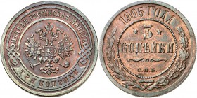 RUSSLAND. 
ZARENREICH. 
Nikolaus II. 1894-1917. Cu-3 Kopeken 1905 CIIb. KM&nbsp; 11.2, 215. R. 

vz