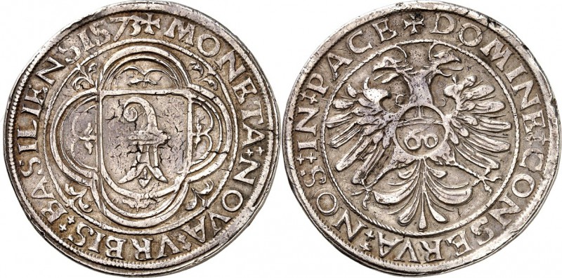 SCHWEIZ. 
BASEL, Stadt. 
Guldentaler 1573 zu 60 Kreuzer. Baselschild im Vierpa...