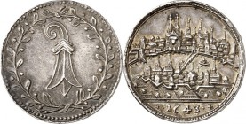 SCHWEIZ. 
BASEL, Stadt. 
Medaille 1643 unsign. (v.Fecher) Geschenkmedaille. Baselstab in Lorbeerkranz/ Stadtansicht v. Nordost Ag 24mm 495g. Ewig&nb...