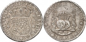 SPANIEN. 
KÖNIGREICH. 
Fernando VI. 1746-1759. 8 Reales 1758 J M. Lima. Gekröntes Wappen Gekrönte Weltkugeln zw. 2 gekr. Säulen. CC&nbsp; 10628, KM&...