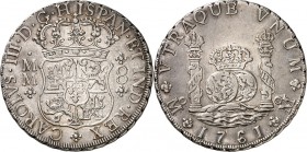 SPANIEN. 
KÖNIGREICH. 
Carlos III. 1759-1788. 8 Reales 1761 M-M Mexiko. Gekröntes Wappen / 2 gekrönte Erdkugeln zwischen 2 gekrönten Säulen. CC&nbsp...
