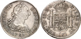 SPANIEN. 
KÖNIGREICH. 
Carlos III. 1759-1788. 8 Reales 1781 MI Lima . Belorbeerte Büste n.r./ gekröntes Wappen zwischen 2 Säulen. CC&nbsp; 12077, KM...
