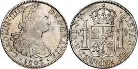 SPANIEN. 
KÖNIGREICH. 
Carlos IV. 1788-1808. 8 Reales 1803 FT-M Mexico. CC.&nbsp; 13943, KM&nbsp; 109 (Mexico). . 

l.rau, ss/vz