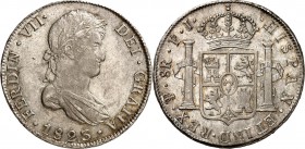SPANIEN. 
KÖNIGREICH. 
Fernando VII. 2.&nbsp;Reg. 1813-1833. 8&nbsp;Reales 1823 PJ Potosi. CC&nbsp; 16512, KM&nbsp; 84 (Bolivien). . 

ss/vz