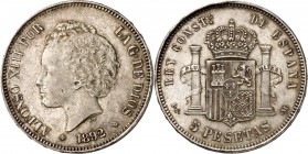 SPANIEN. 
KÖNIGREICH. 
Alfonso XIII. 1886-1931. 5&nbsp;Pesetas 1892 P.G.-.M., Madrid. CC&nbsp; 17640, KM&nbsp; 700. . 

vz