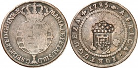 ANGOLA. 
Maria II. 1834-1853. Cu-1&nbsp;Macuta, aus 1/2&nbsp;Macuta 1785 Gekr. Wappen&nbsp;/ Wert, mit Gegenstempel gekr. Wappen (von 1837). Gomes&nb...