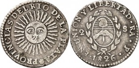 ARGENTINIEN. 
Provincias del Rio de la Plata. 
2 Soles 1826 RA-P, Sonne/Wappen. KM&nbsp; 18. . 

ss