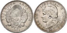 ARGENTINIEN. 
Republik. 
Peso 1881 Wappen auf Armaturen / Freiheitskopf n.l. KM&nbsp; 29. . 

l.Kratzer,ss