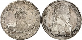 BOLIVIEN. 
Republik. 8 Soles 1827 2 Lamas unter Baum/ Brustb. Bolivar n.r. KM. 97. . 

ss