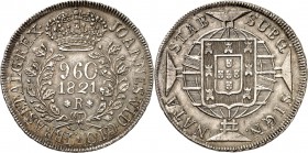 BRASILIEN. 
Portugiesisch. 
Joao VI. 1818-1822. 960 Reis 1821 Rio de Janeiro. Krone über Wert, Jahr u. Mzz. im Lorbeerkranz / Wappen auf Globus auf ...