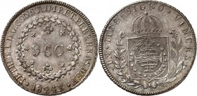 BRASILIEN. 
Portugiesisch. 
Pedro I. 1822-1831. 960 Reis 1824 Rio de Janeiro. Wert im Kranz&nbsp;/ Gekr. Wappen im Kranz. KM&nbsp; 368.1. Überprägun...
