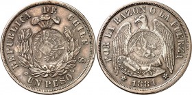 GUATEMALA. 
Republik seit 1821. PERU: 1 Peso/1/2 Real 1881/1894 beidseitig gegengestempelt mit 1/2 Real-Stempelpaar 1894. KM. 216. . 

ss/vz