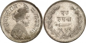 INDIEN. 
Baroda, Sultanat. 
Sayaji Rao III. 1875-1938 (1932-1995&nbsp;VS). Rupee "1949" (1892). KM&nbsp; 36. . 

ss-vz