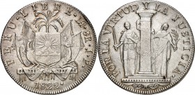 PERU. 
Republik seit 1822. 8 Reales 1822 J.P., Lima Provisorische Prägung während des Unabhängigkeitskrieges. Wappen / Säule zw. Justitia und Liberti...