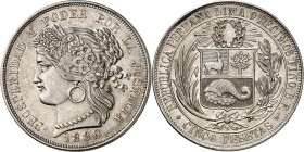 PERU. 
Republik seit 1822. 5 Pesetas 1880 BF Lima. KM&nbsp; 201.1. . 

min.just.,vz