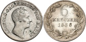 Baden. 
Leopold 1830-1852. 6 Kreuzer 1836 ohne D. AKS&nbsp; 100, J.&nbsp; 46b. . 

rauer Schrötl.,vz