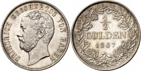 Baden. 
Friedrich I. 1856-1907. 1/2 Gulden 1867. AKS&nbsp; 128, J.&nbsp; 83. . 

vz