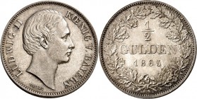 Bayern. 
Ludwig II. 1864-1886. 1/2 Gulden 1865 Kopf mit Scheitel. AKS&nbsp; 179, J.&nbsp; 99. . 

vz-St
