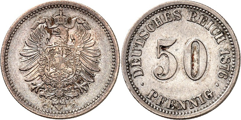 KAISERREICH-Kleinmünzen. 
50&nbsp;Pfennig 1876 C Alter Adler. J.&nbsp; 7. . 
...