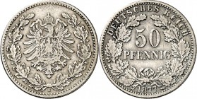 KAISERREICH-Kleinmünzen. 
50 Pfennig 1877H Adler im Eichenkranz, Ag. J.&nbsp; 8. . 

s