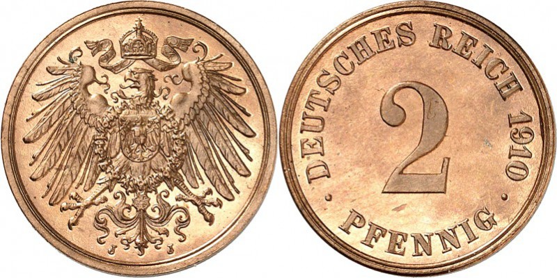 KAISERREICH-Kleinmünzen. 
2&nbsp;Pfennig 1910 J Cu. Neuer Adler. J.&nbsp; 11. ....