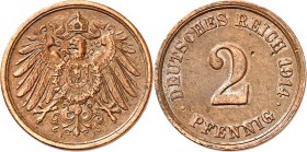 KAISERREICH-Kleinmünzen. 
2&nbsp;Pfennig 1914 F Cu. Neuer Adler. J.&nbsp; 11. . 

ss-vz