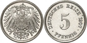 KAISERREICH-Kleinmünzen. 
5&nbsp;Pfennig 1907 G CuNi. Neuer Adler. J.&nbsp; 12. . 

P.P.