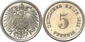KAISERREICH-Kleinmünzen. 
5&nbsp;Pfennig 1911 F CuNi. Neuer Adler. J.&nbsp; 12. . 

P.P.