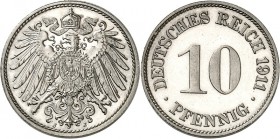 KAISERREICH-Kleinmünzen. 
10 Pfennig 1911 J CuNi. Neuer Adler. J.&nbsp; 13. . 

P.P.