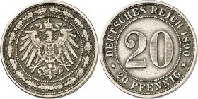 KAISERREICH-Kleinmünzen. 
20&nbsp;Pfennig 1890E CuNi. Neuer Adler. J.&nbsp; 14. . 

ss