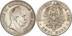 KAISERREICH. 
HESSEN, Großherzogtum. 
2 Mark 1877 Ludwig III. J.&nbsp; 66. . 

s-ss
