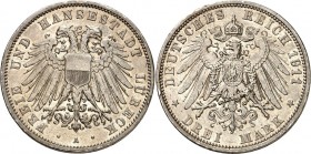 KAISERREICH. 
LÜBECK, Freie und Hansestadt. 
3 Mark 1911 Stadtadler. J.&nbsp; 82. . 

l.Rf.,ss-vz