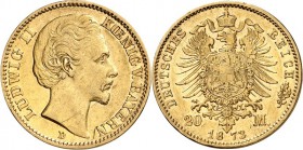 REICHSGOLD. 
BAYERN. 
20 Mark 1872 Ludwig II. J.&nbsp; 194. . 

ss