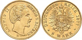 REICHSGOLD. 
BAYERN. 
5 Mark 1877 Ludwig II. J.&nbsp; 195. . 

vz
