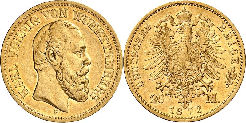 REICHSGOLD. 
WÜRTTEMBERG. 
20 Mark 1872 Karl. J.&nbsp; 290. . 

vz