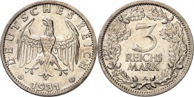 WEIMARER REPUBLIK. 
KURSMÜNZEN. 
3 Reichsmark 1931A Kursmünze. J.&nbsp; 349. . 

ss-vz